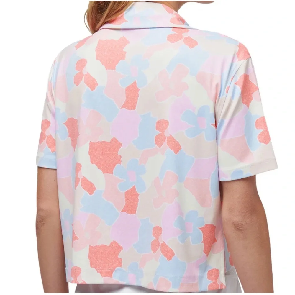 Travis Mathew Boxy Cropped Pink Blue Deco District Polo Shirt Size Small - Picture 2 of 8